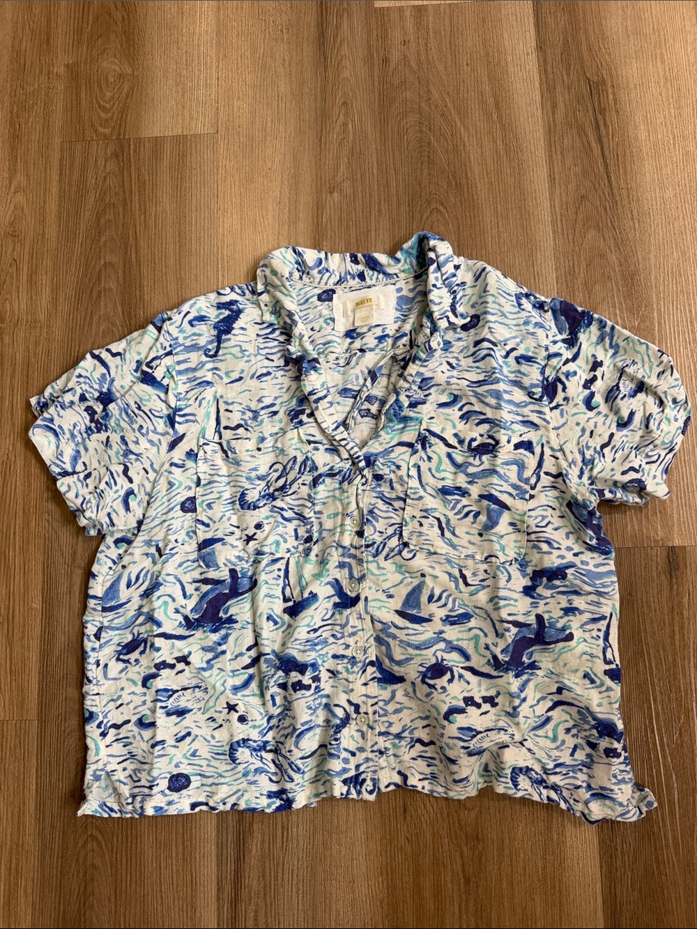 Maeve Anthropologie Classic Surf Shirt Blue White Button Front Linen Blend Large